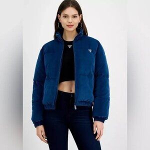 NEW Guess Couture Quilted Velvet Puffer Jacket In Deep Opal Women's Size XL